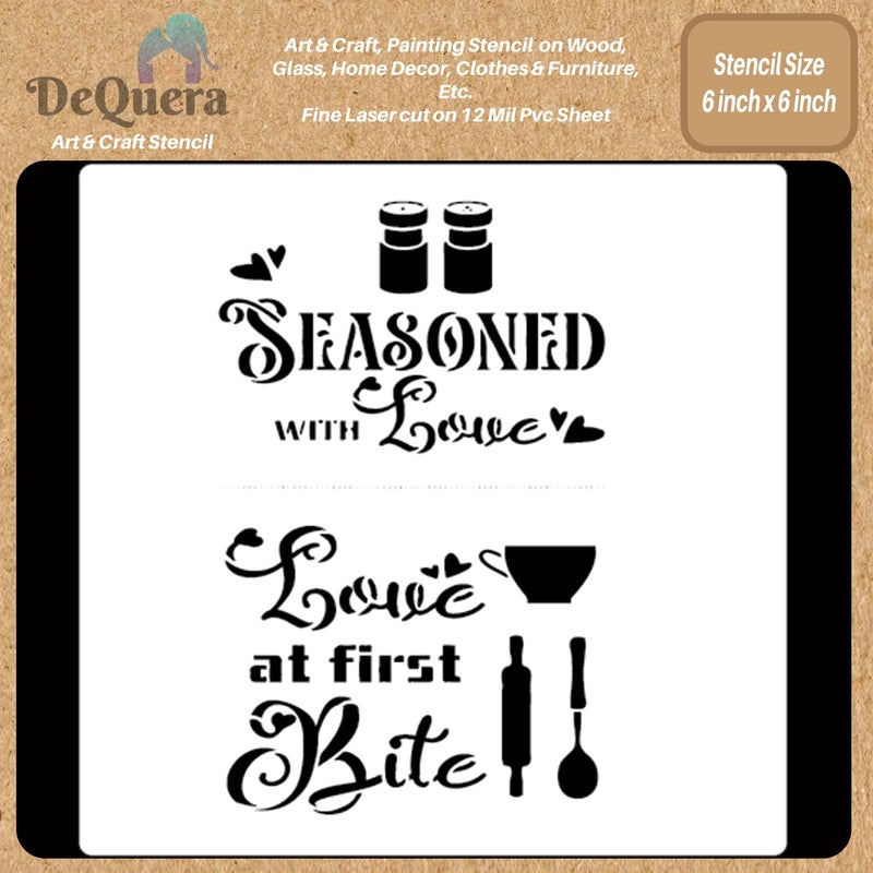 DEQUERA DeQuera Kitchen Quote Stencils for Painting on Wood Reusable Seasoned with Love Kitchen Stencils for Cabinets Stencil Quotes Size 6 x 6 Inch Pack of 1 DQL292