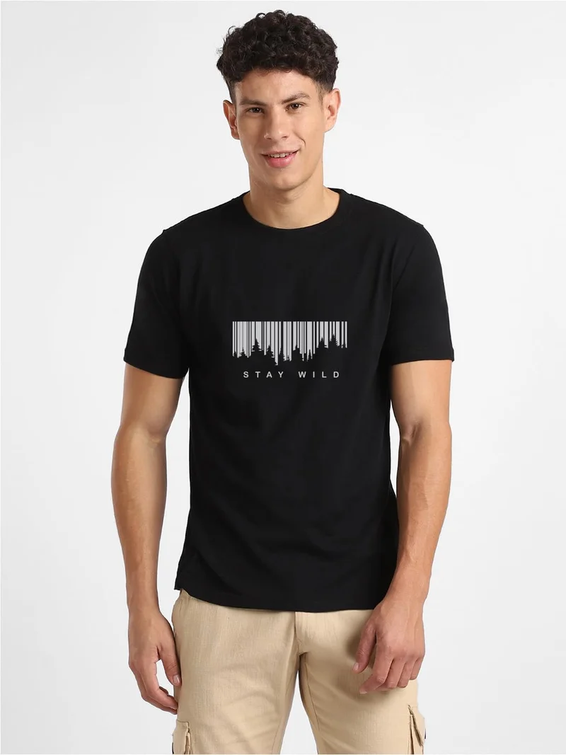 NOBERO Men's Black Cotton Typography T-Shirt