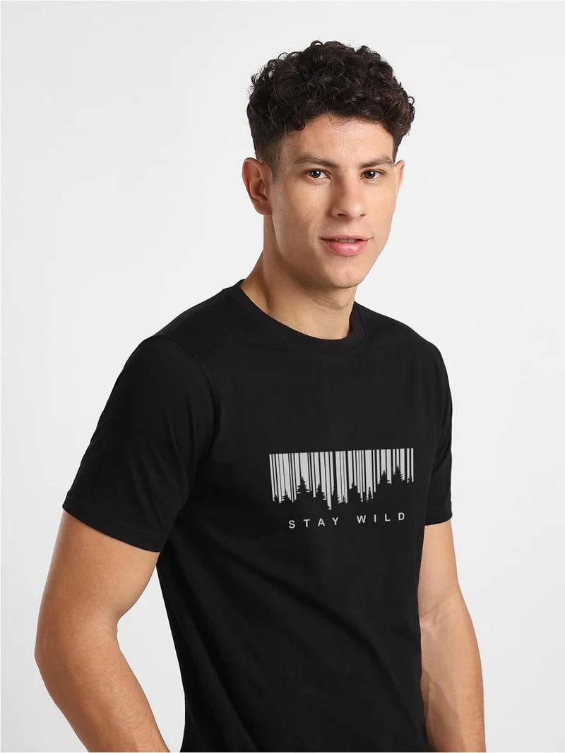 NOBERO Men's Black Cotton Typography T-Shirt