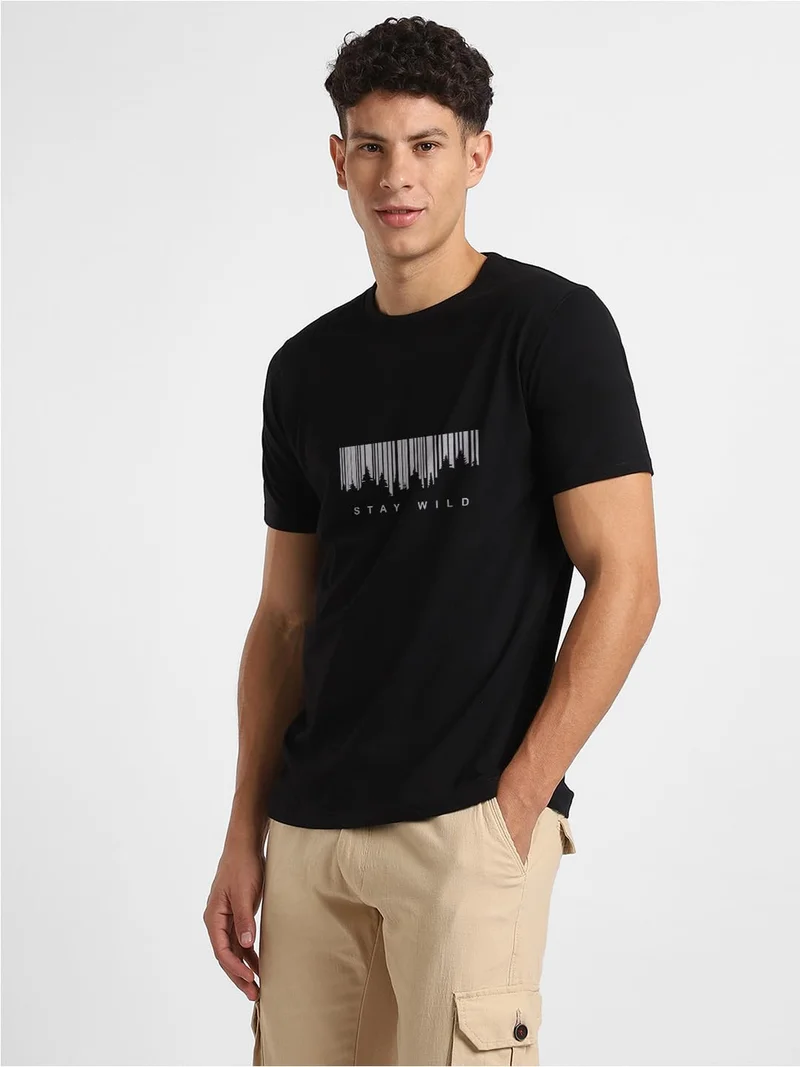 NOBERO Men's Black Cotton Typography T-Shirt