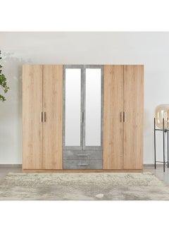 Edison 6 Door Wardrobe With 2 Drawers And 2 Mirrors Extra Sturdy Closet, Clothes Storage Cupboard Modern Design Space Saving Swing Door Cabinet For Bedroom L243xW59.6xH216cm - Oak+Cement - pzsku/Z526CD4EFC16A24CFB271Z/45/_/1730975185/7f37ad40-ccfd-434e-8be3-a084e518d239