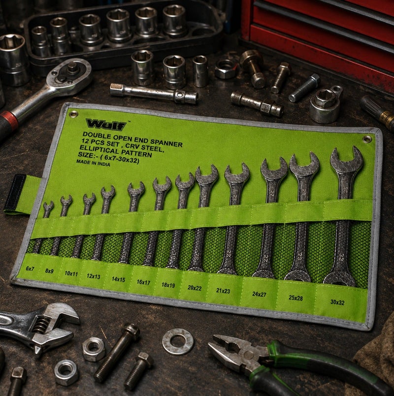 WULF 12 Pieces Double Open End Spanner Set, CRV Steel Elliptical Pattern Wrench Set with Roll Pouch, Heavy Duty Metric Spanner Tools for Mechanical & Garage Work - Image 2