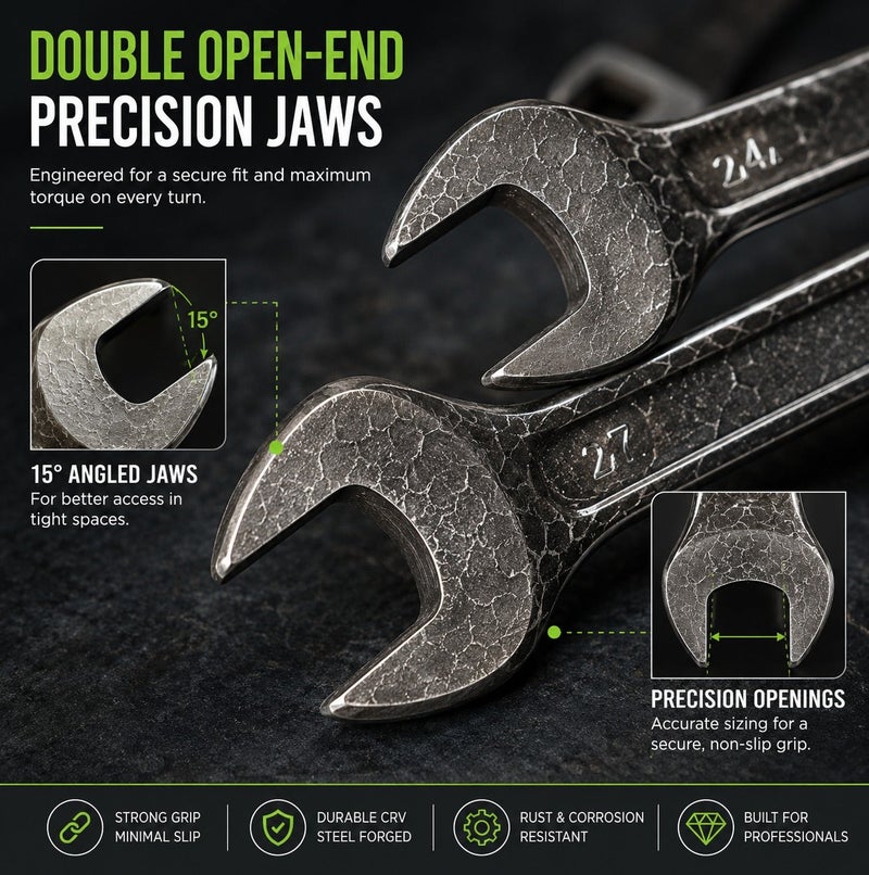 WULF 12 Pieces Double Open End Spanner Set, CRV Steel Elliptical Pattern Wrench Set with Roll Pouch, Heavy Duty Metric Spanner Tools for Mechanical & Garage Work - Image 4