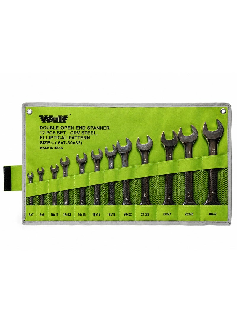 WULF 12 Pieces Double Open End Spanner Set, CRV Steel Elliptical Pattern Wrench Set with Roll Pouch, Heavy Duty Metric Spanner Tools for Mechanical & Garage Work - Image 1