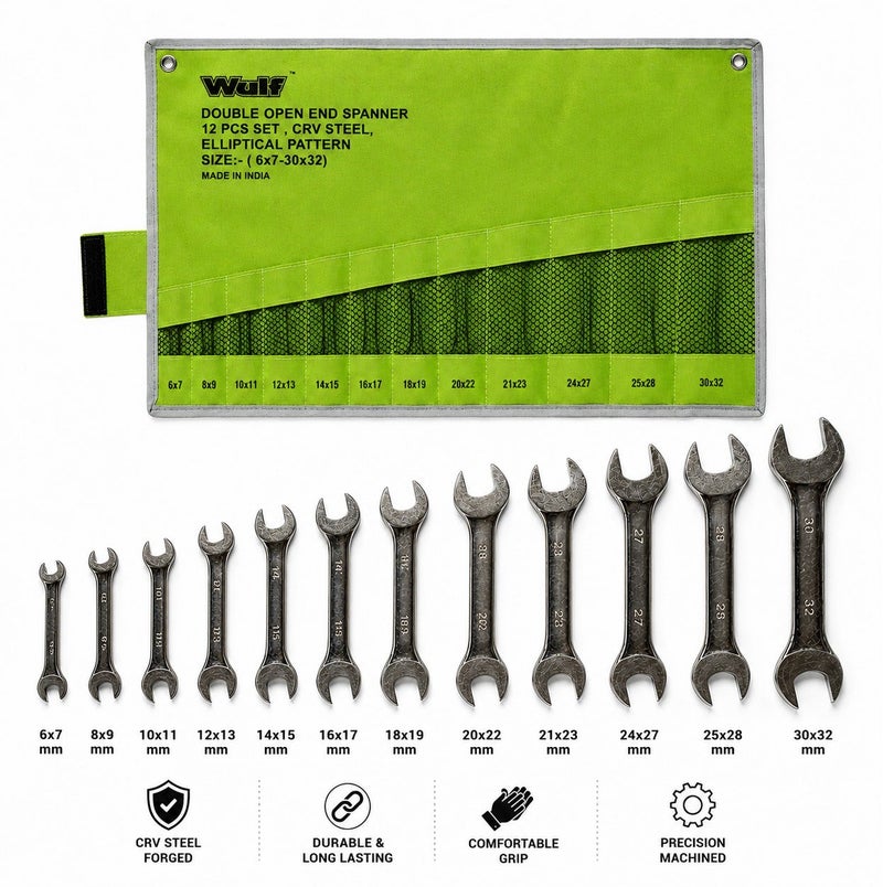 WULF 12 Pieces Double Open End Spanner Set, CRV Steel Elliptical Pattern Wrench Set with Roll Pouch, Heavy Duty Metric Spanner Tools for Mechanical & Garage Work - Image 5