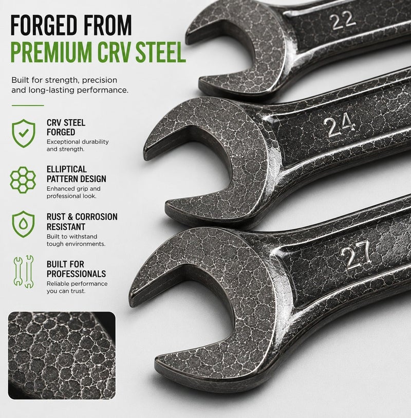 WULF 12 Pieces Double Open End Spanner Set, CRV Steel Elliptical Pattern Wrench Set with Roll Pouch, Heavy Duty Metric Spanner Tools for Mechanical & Garage Work - Image 3