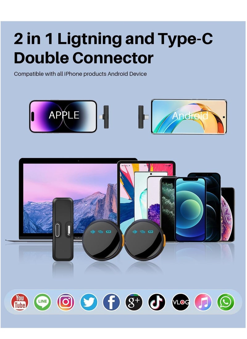 2 Pack Wireless Lavalier Microphone for iPhone iPad Android with Charge Case Mini Clip/Magnetic Microphones for Lightning/USB-C Video Recording Vlogging YouTube Interviews 100FT