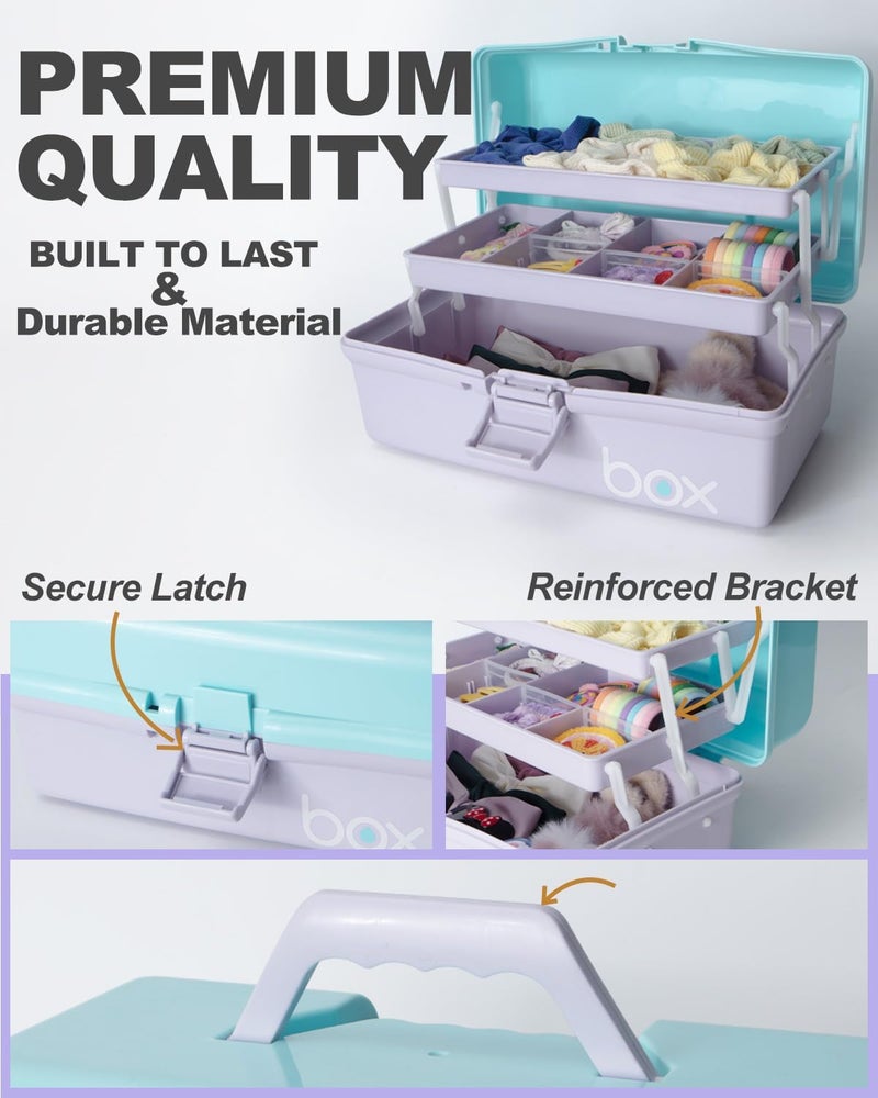 TERGOO 12in Three-Layer Multipurpose Storage Box Organizer Folding Tool Box/Art & Crafts Case/Sewing Supplies Organizer/Medicine Box/Family First Aid Box with 2 Trays (Purple Blue) - Image 3