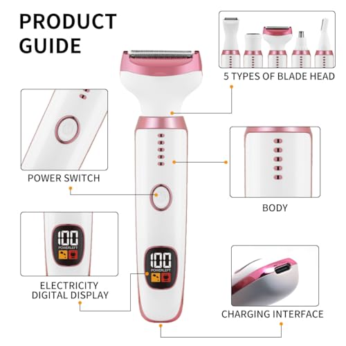 Cqxfsgr Electric Razors for Women, Bikini Trimmer for Women 5 in 1 Body Shaver for Nose Hair Face Eyebrow Arms Legs Armpit Underarm Pubic Area, Replaceable Lady Facial Razor Painless USB Charge Female Gift - Image 4
