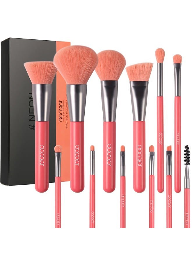 Docolor Makeup Brushes 10Pcs Makeup Brush Set Premium Synthetic Powder Foundation Contour Blush Concealer Eye Shadow Blending Liner Make Up Brush Kit - Neon Peach - Image 1