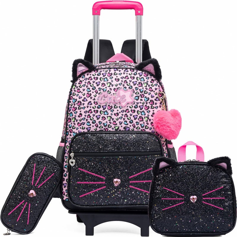 Meetbelify Rolling Backpack for Girls Cute Cat Backpack with Wheels for Elementary Students Kids Black Travel Luggage for Girls Age 68 - Image 2