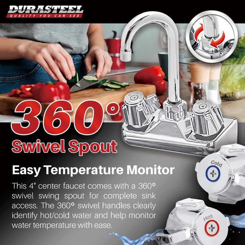 DuraSteel Commercial Hand Sink Faucet - 4 Inch Center Wall Mount Hand Wash Sink Faucet with 3-1/2"" Gooseneck Spout - CEC Certified Saving Water Faucet - Dual Knobs - Image 4
