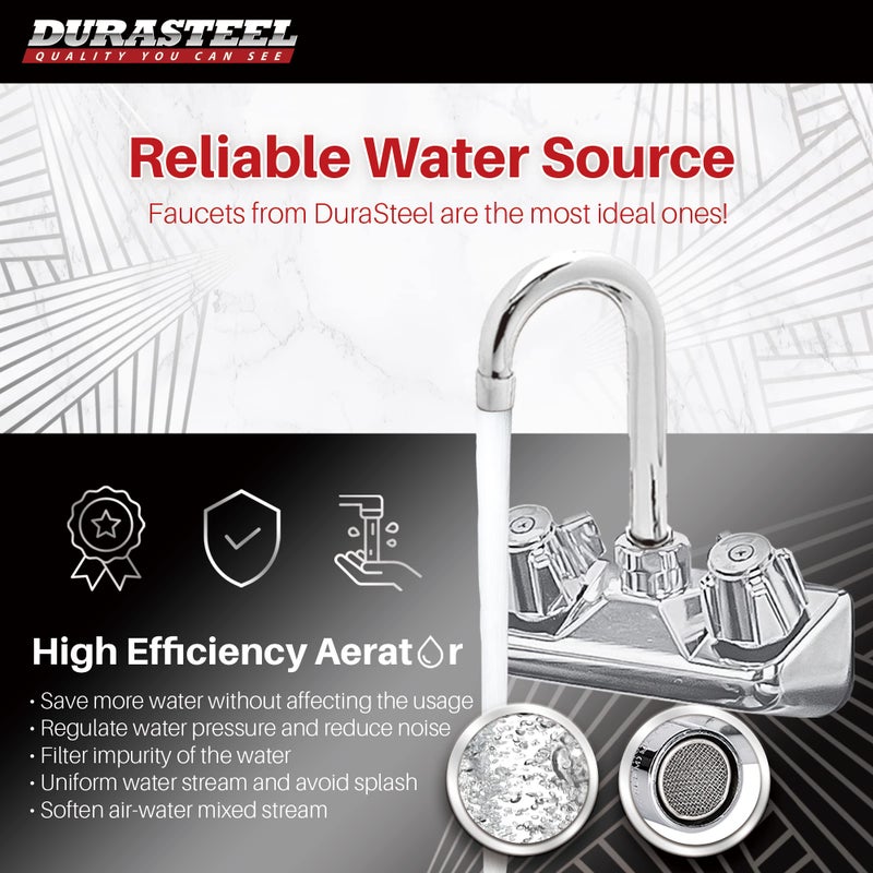 DuraSteel Commercial Hand Sink Faucet - 4 Inch Center Wall Mount Hand Wash Sink Faucet with 3-1/2"" Gooseneck Spout - CEC Certified Saving Water Faucet - Dual Knobs - Image 2