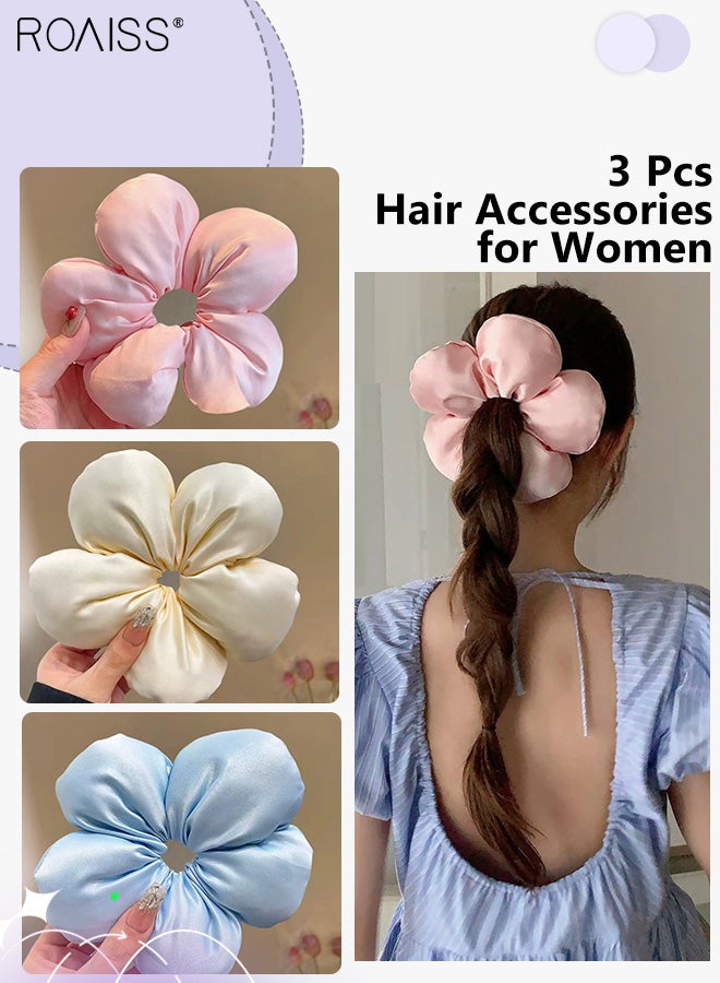 roaiss 3 Pieces Elegant Floral Elastic Hairbands, Non-slip Ponytail Clips, Solid Color Simple Fashion Flower Hair Tie, Fashion Hair Accessories for Women Daily Wear - Image 1