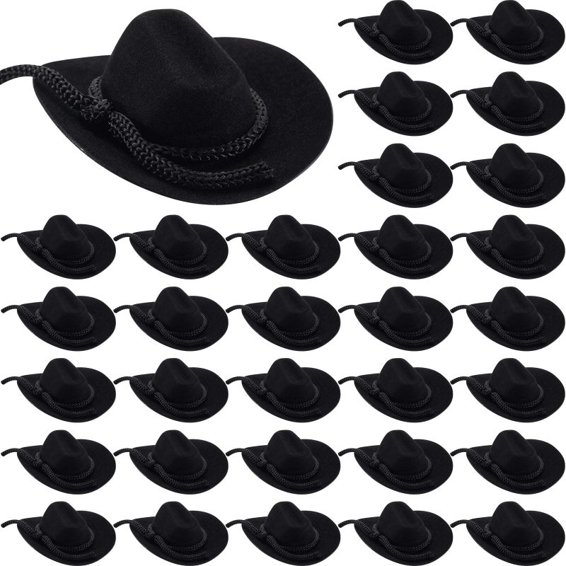 Hercicy 36 Pcs Mini Cowboy Hats for Crafts Wedding Favors Decoration Flocking Miniature Felt Cowgirl Western Party Hat Dollhouse Decor for Dollhouse Craft (Black) - Image 1