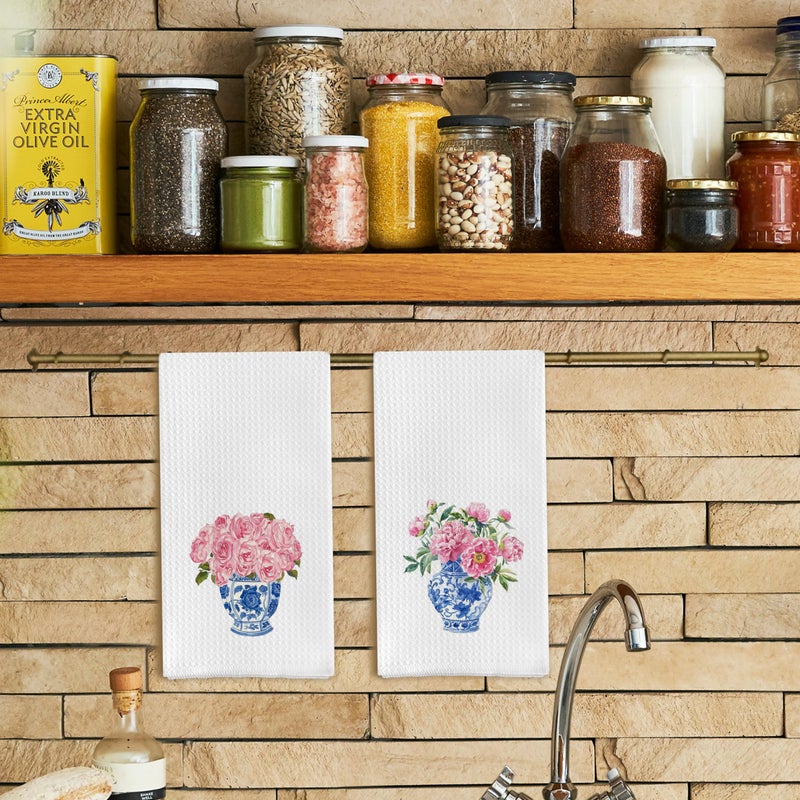 Qpenm Blue and White Porcelain Chinoiserie Dish Towels Set of 2, Pink Floral Decorative Hand Towels for Bathroom and Kitchen, 16x24 Inches - Image 2
