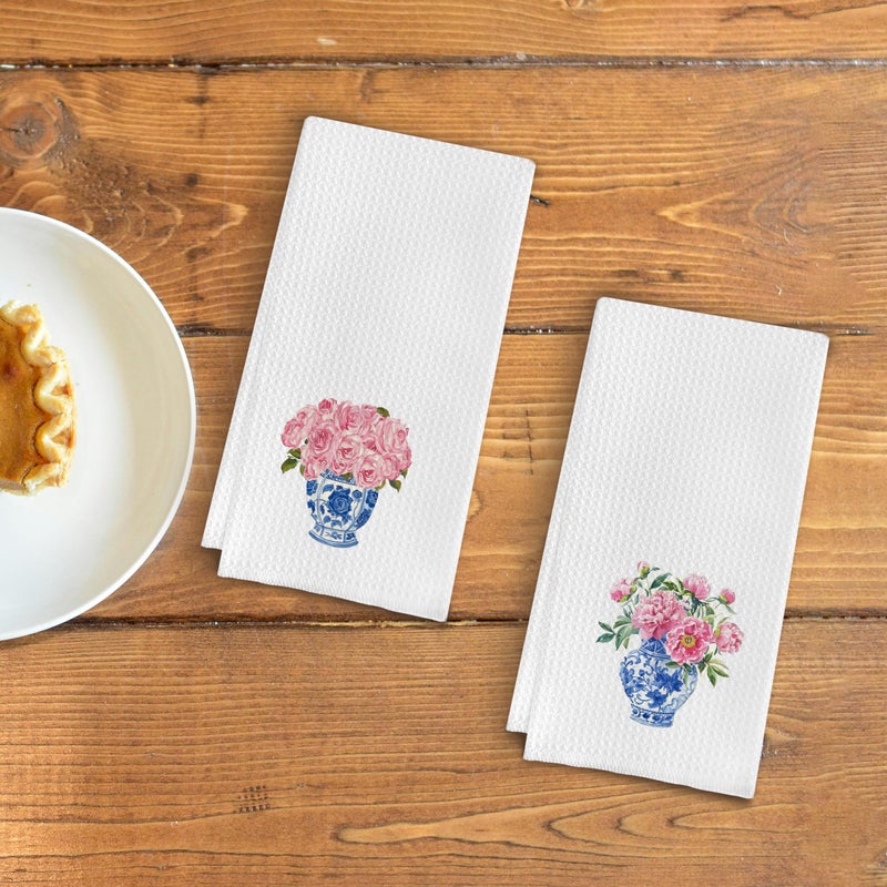 Qpenm Blue and White Porcelain Chinoiserie Dish Towels Set of 2, Pink Floral Decorative Hand Towels for Bathroom and Kitchen, 16x24 Inches - Image 3