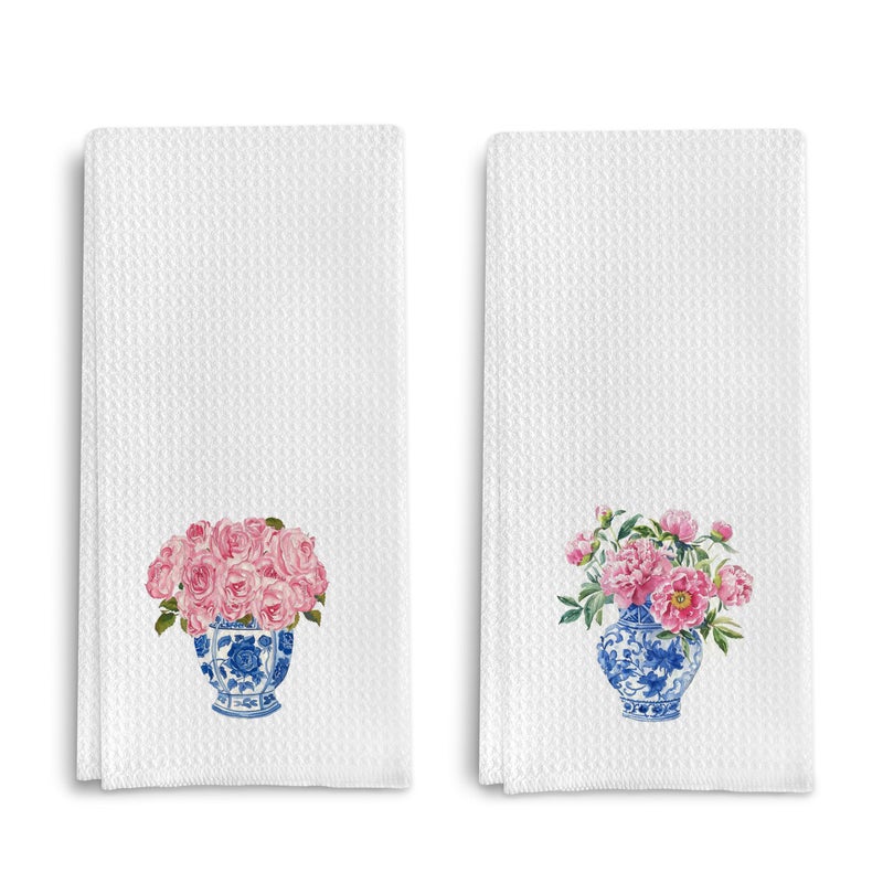 Qpenm Blue and White Porcelain Chinoiserie Dish Towels Set of 2, Pink Floral Decorative Hand Towels for Bathroom and Kitchen, 16x24 Inches - Image 1