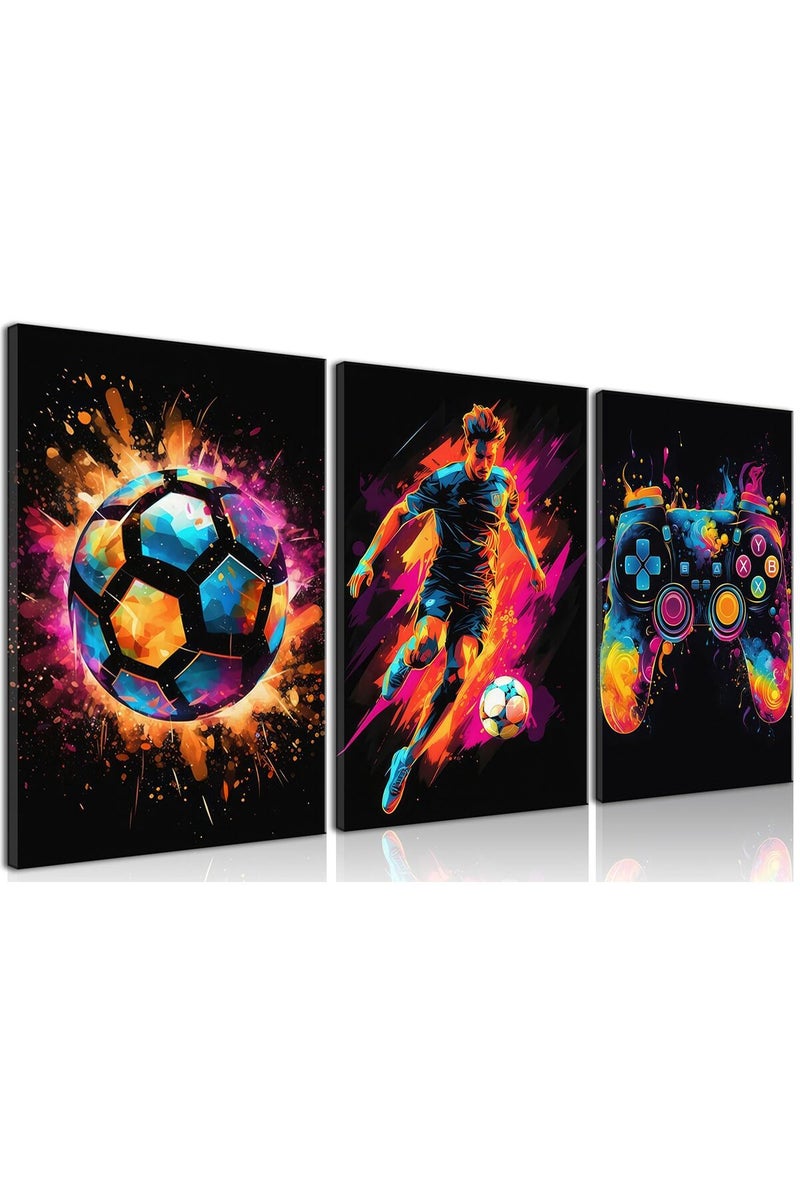 BGFCE Framed Canvas Wall Art Decor, Paintings Art Game Controller Color Splash Ink Canvas Painting, Posters for Room Aesthetic, Soccer Canvas Wall Art for Boys Room Decor 12×16 - Set of 3 - Image 1