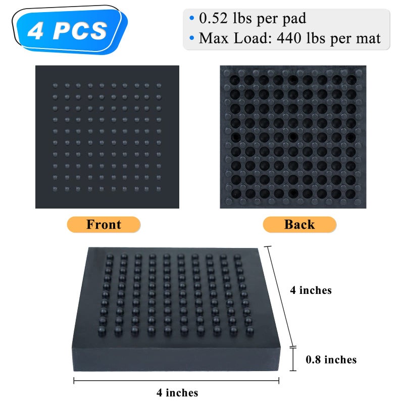 BXI Exercise Equipment Mat - 4 x 4 x 0.8 Inches 4 Pcs Non Slip Noise Reduction Anti Vibration Treadmill Stationary Bike Mats, Heavy Duty Thick Steel Embedded Rubber Pad for Hardwood Floors & Carpet - Image 2