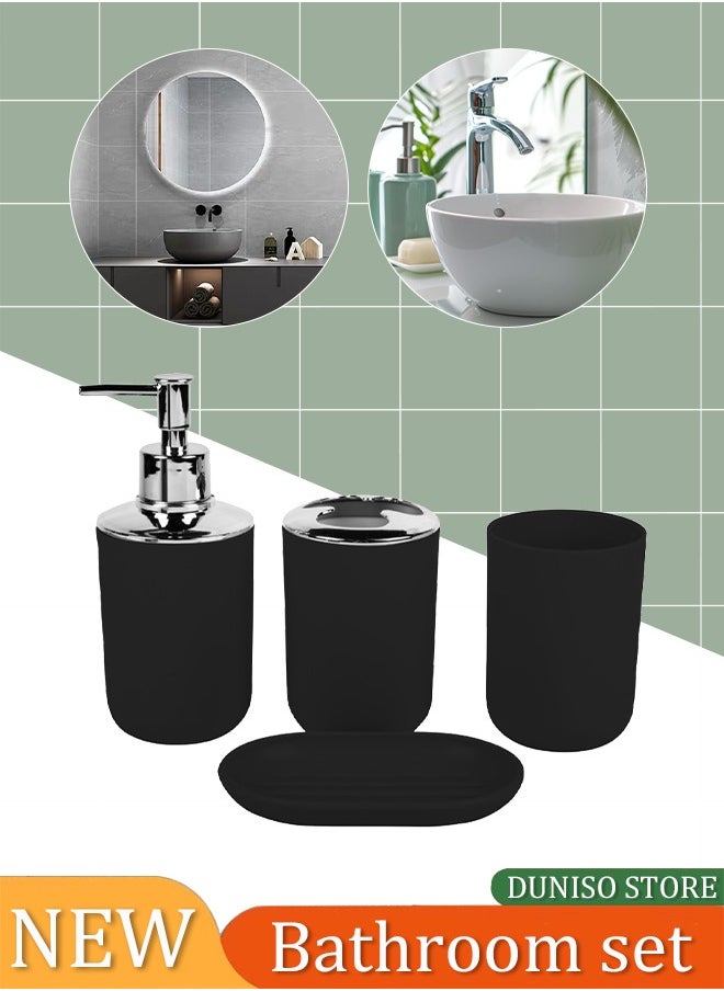 DUNISO 4 pieces of Bathroom accessories set, toiletries gift set, plastic and ABS bathroom storage set, with lotion bottle, toothbrush holder, mouthwash cup, soap tray (black)  - Image 1