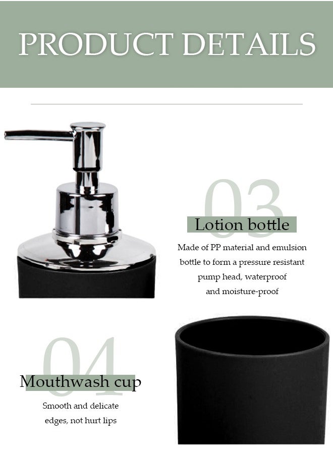 DUNISO 4 pieces of Bathroom accessories set, toiletries gift set, plastic and ABS bathroom storage set, with lotion bottle, toothbrush holder, mouthwash cup, soap tray (black)  - Image 4
