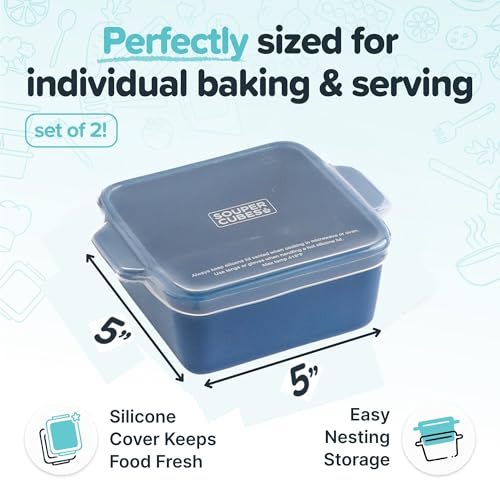 Souper Cubes Stoneware 2.0-5" x 5" Baking Dishes for Oven, Made in USA, Premium Mini Ceramic Baking Dishes with Silicone Covers for Individual Portions, Set of 2 - Blueberry - Image 2