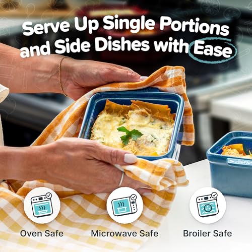 Souper Cubes Stoneware 2.0-5" x 5" Baking Dishes for Oven, Made in USA, Premium Mini Ceramic Baking Dishes with Silicone Covers for Individual Portions, Set of 2 - Blueberry - Image 3