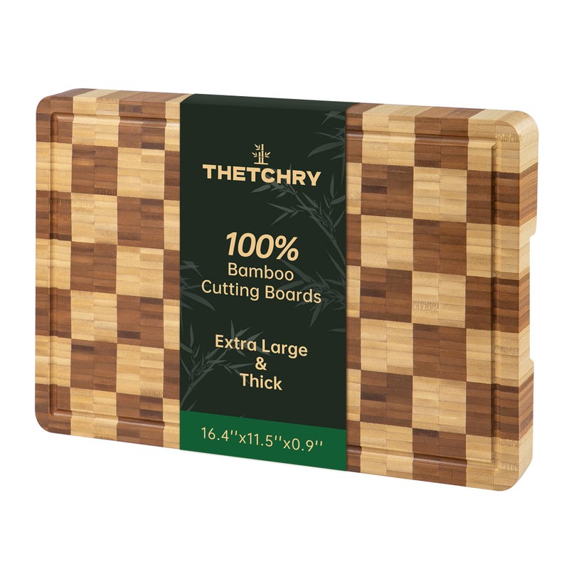 thetchry Bamboo Cutting Boards for Kitchen, End Grain Wood Cutting Board with Juice Grooves & Handles, Charcuterie Checkered Chopping Board Thick Butcher Block Serving Tray with Gift Box, 16.4"Ã—11.5"Ã— 1" - Image 1