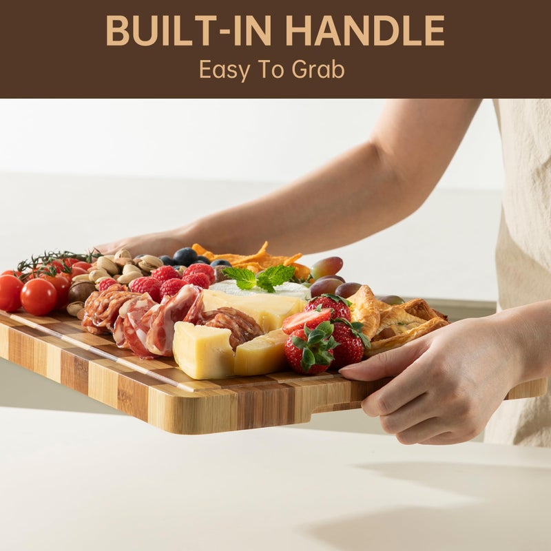 thetchry Bamboo Cutting Boards for Kitchen, End Grain Wood Cutting Board with Juice Grooves & Handles, Charcuterie Checkered Chopping Board Thick Butcher Block Serving Tray with Gift Box, 16.4"Ã—11.5"Ã— 1" - Image 4