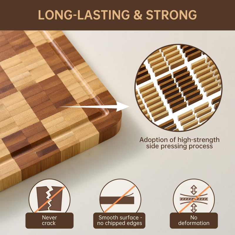 thetchry Bamboo Cutting Boards for Kitchen, End Grain Wood Cutting Board with Juice Grooves & Handles, Charcuterie Checkered Chopping Board Thick Butcher Block Serving Tray with Gift Box, 16.4"Ã—11.5"Ã— 1" - Image 3
