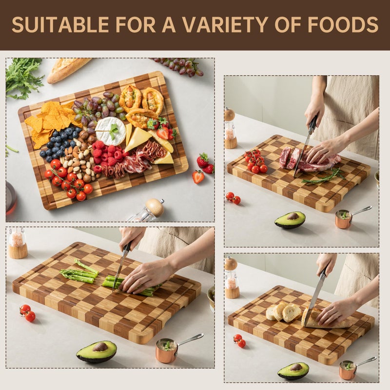 thetchry Bamboo Cutting Boards for Kitchen, End Grain Wood Cutting Board with Juice Grooves & Handles, Charcuterie Checkered Chopping Board Thick Butcher Block Serving Tray with Gift Box, 16.4"Ã—11.5"Ã— 1" - Image 5