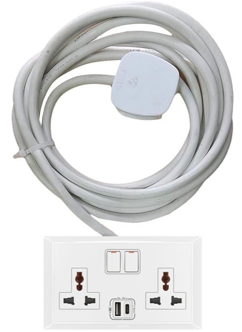 RACO Socket Extension Board Heavy-Duty Cable Power Cord 13A Plug 220-250V Socket Ideal for Various Indoor and Outdoor Uses (Dual Socket Universal with USB and Type C Ports)
