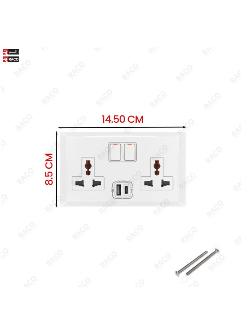 RACO - RACO Socket Extension Board Heavy-Duty Cable Power Cord 13A Plug 220-250V Socket Ideal for Various Indoor and Outdoor Uses (Dual Socket Universal with USB and Type C Ports) - Image 1
