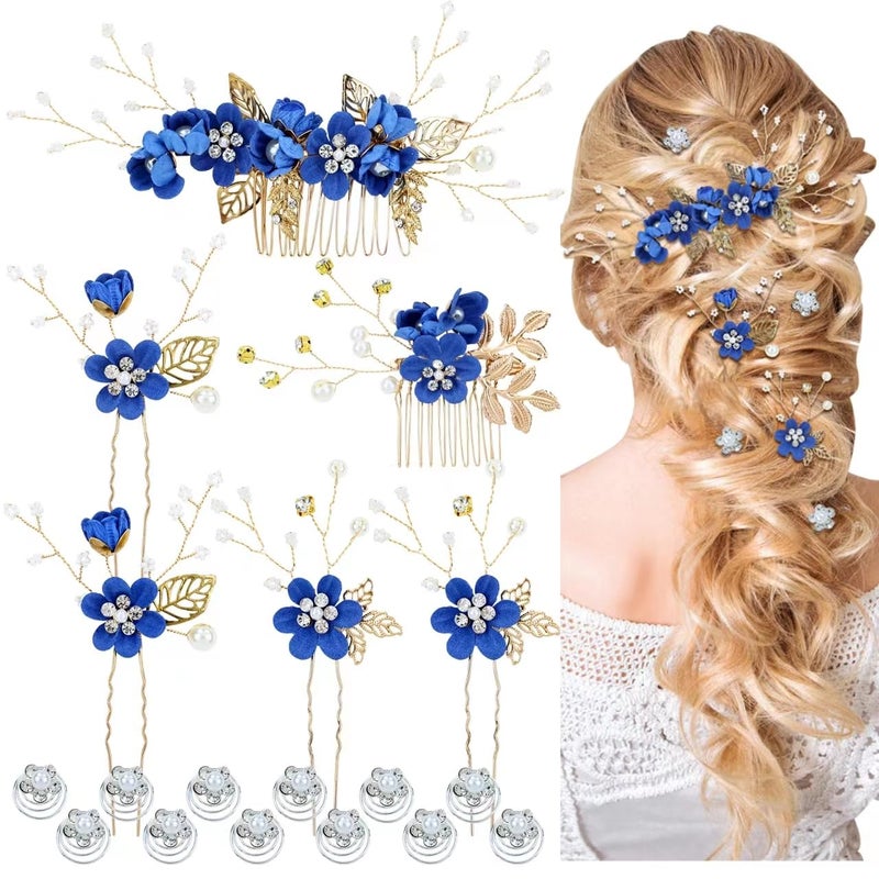 Cinaci 18 Pieces Bridal Wedding Party Prom Pearl Rhinestone Royal Blue Flower Hair Side Combs SlidesUshaped Flower Hair PinsTwist Spiral Hairpins Floral Headpieces for Brides Bridesmaids Women Girs