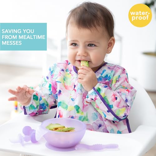 Bumkins Sleeved Bib for Girl or Boy, Baby and Toddler for 6-24 Mos, Essential Must Have for Eating, Feeding, Baby Led Weaning, Long Sleeve Mess Saving Food Catcher, Soft Fabric, Watercolors Floral - Image 2
