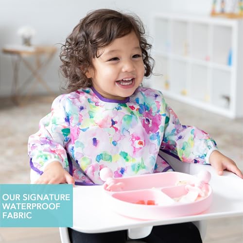 Bumkins Sleeved Bib for Girl or Boy, Baby and Toddler for 6-24 Mos, Essential Must Have for Eating, Feeding, Baby Led Weaning, Long Sleeve Mess Saving Food Catcher, Soft Fabric, Watercolors Floral - Image 3