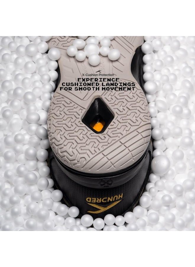 HUNDRED - Raze Badminton Shoes (Non Marking) | Lightweight & Durable | X-Cushion, Active Grip Sole, Toe Assist (Black::Gold, 10Uk) - Image 1