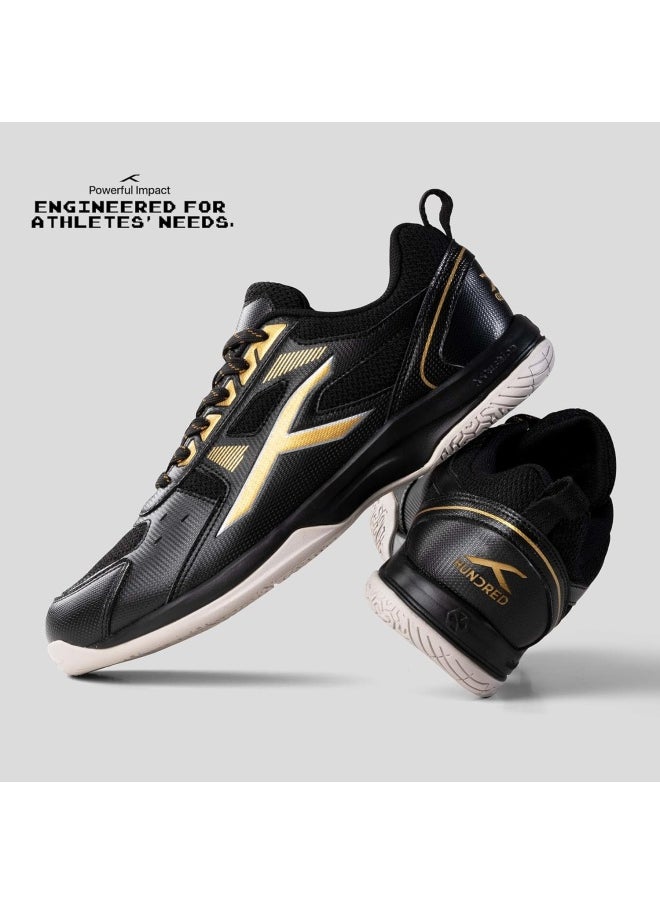 HUNDRED - Raze Badminton Shoes (Non Marking) | Lightweight & Durable | X-Cushion, Active Grip Sole, Toe Assist (Black::Gold, 10Uk) - Image 1