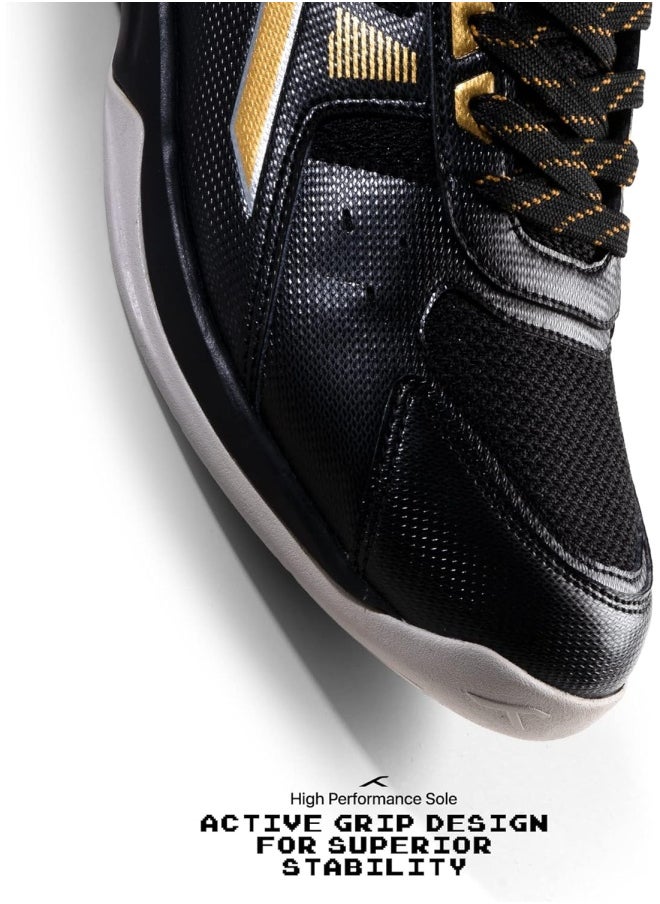 HUNDRED - Raze Badminton Shoes (Non Marking) | Lightweight & Durable | X-Cushion, Active Grip Sole, Toe Assist (Black::Gold, 10Uk) - Image 1