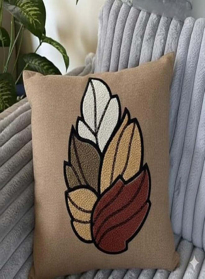 Generic Linen Cushion Set with Decorative Leaf Design, High-Quality Linen Material, Beige .sr
