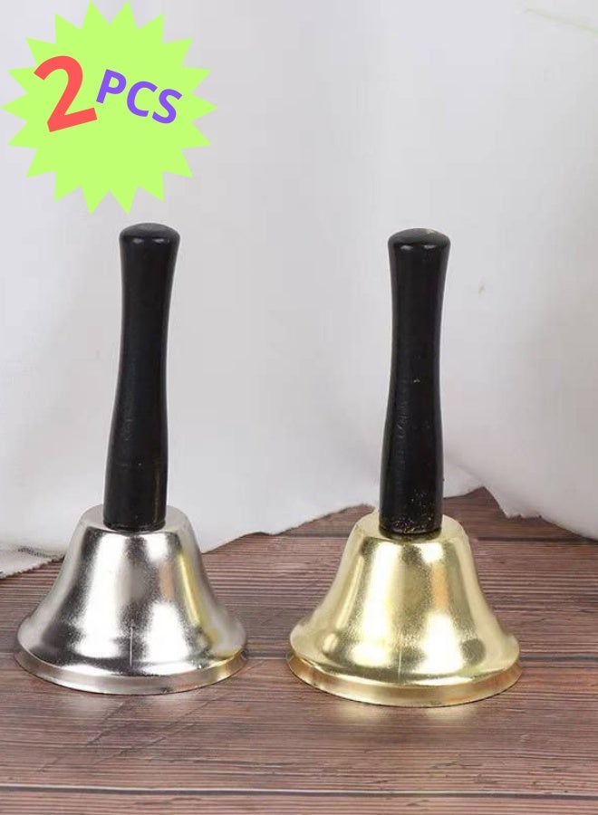 2Pieces Hand Bells Silver Steel Service Handbells Black Wooden Handle Diatonic Metal Bells Musical Percussion (White and Gold) - Image 1