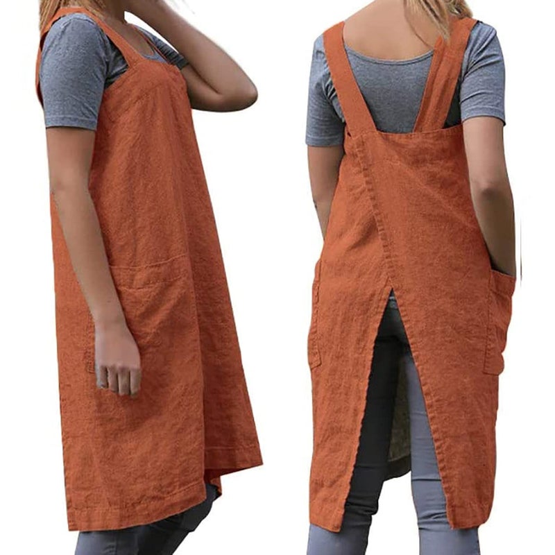 WROLEM Women's Cross Back Pinafore Apron with Large Pockets Home Kitchen  Restaurant  Coffee house Cooking Gardening Works Orange-2XL - Image 2