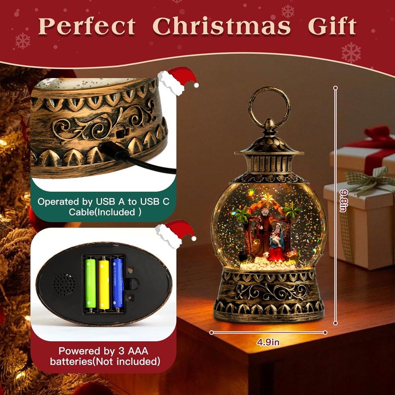 Aixuler Christmas Nativity Snow Globe, Nativity Musical Snow Globe Lantern Lights with 6H Timer Battery & USB Powered, Retro Style Holiday Glitter Globe for Xmas Home Decoration Holiday Party Gifts - Image 4