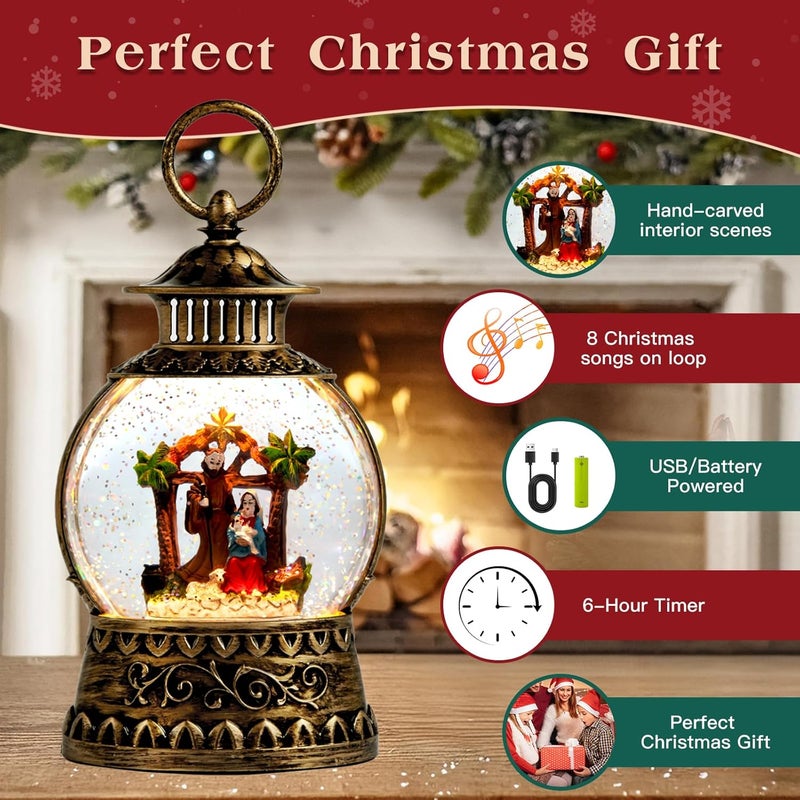 Aixuler Christmas Nativity Snow Globe, Nativity Musical Snow Globe Lantern Lights with 6H Timer Battery & USB Powered, Retro Style Holiday Glitter Globe for Xmas Home Decoration Holiday Party Gifts - Image 2