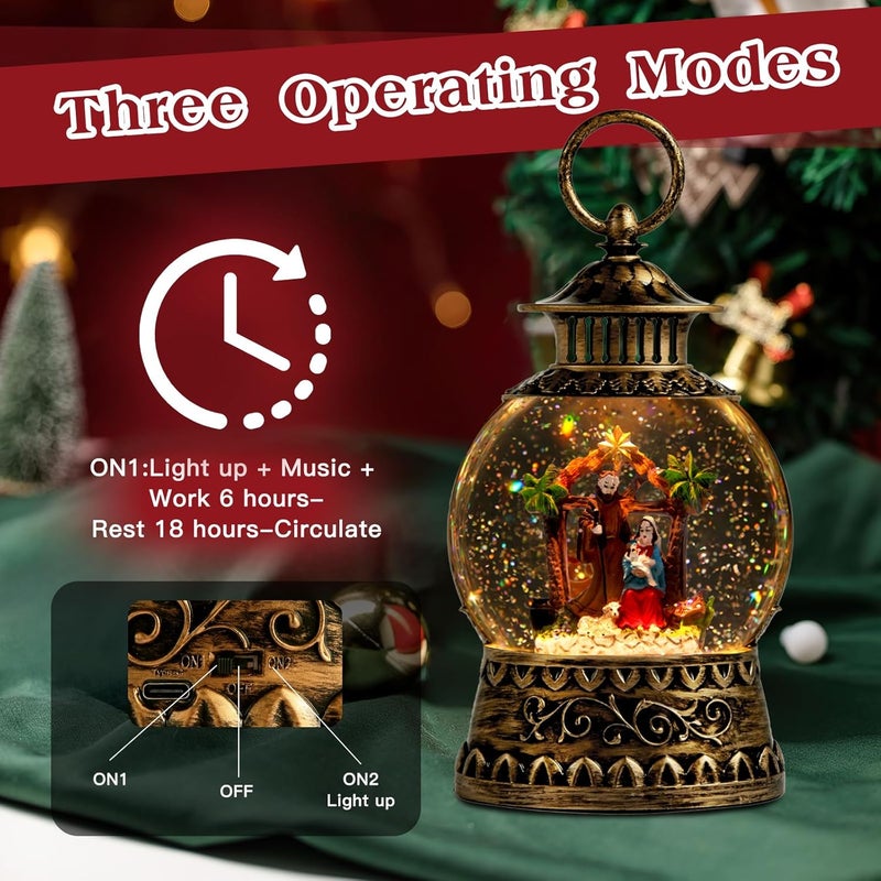 Aixuler Christmas Nativity Snow Globe, Nativity Musical Snow Globe Lantern Lights with 6H Timer Battery & USB Powered, Retro Style Holiday Glitter Globe for Xmas Home Decoration Holiday Party Gifts - Image 5