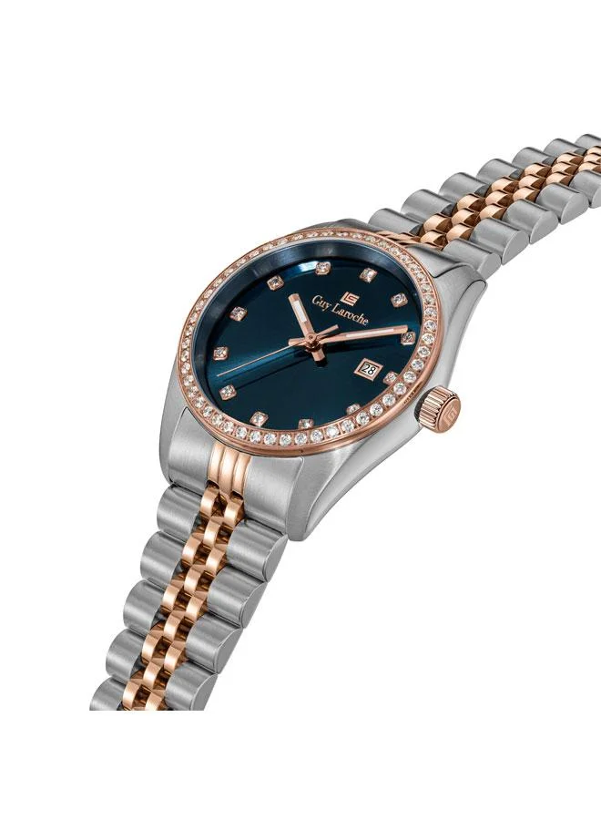 غاي لاروش ساعة نسائية روزالي بقرص أزرق وسوار معدني فضي وذهبي وردي بعقارب  ملم