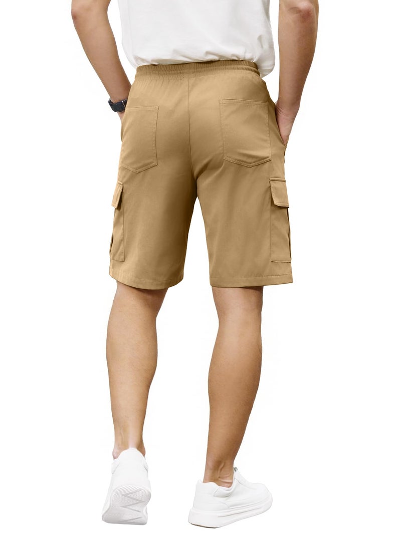 PLEPAN Men's Casual Classic Cargo Shorts Elastic Waist Drawstring Joggers Outdoor Work Shorts with Multi Pockets, US (42) 3X-Large, Khaki Brown - Image 2