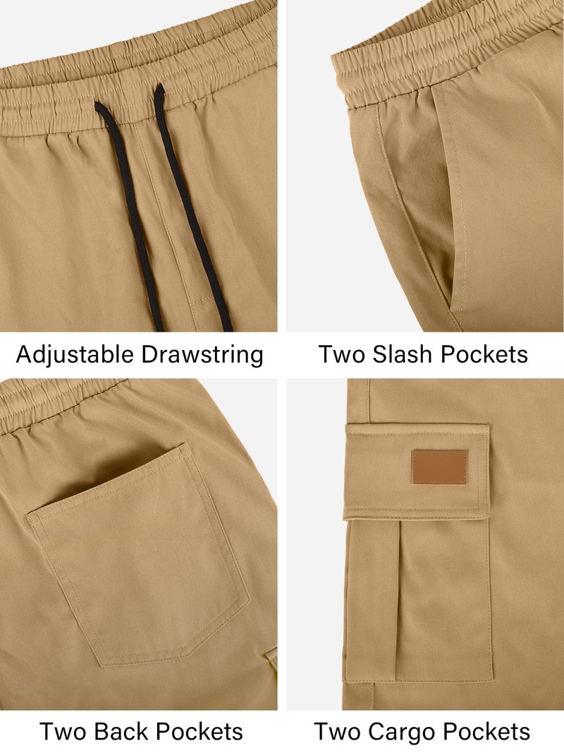 PLEPAN Men's Casual Classic Cargo Shorts Elastic Waist Drawstring Joggers Outdoor Work Shorts with Multi Pockets, US (42) 3X-Large, Khaki Brown - Image 5
