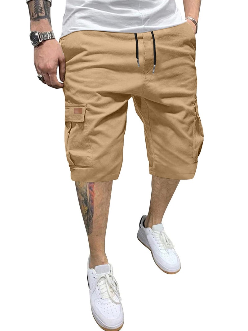 PLEPAN Men's Casual Classic Cargo Shorts Elastic Waist Drawstring Joggers Outdoor Work Shorts with Multi Pockets, US (42) 3X-Large, Khaki Brown - Image 1